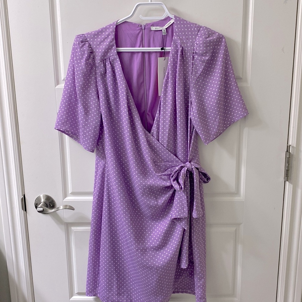 Faux Wrap Dress size medium violet with white polka dots NWT